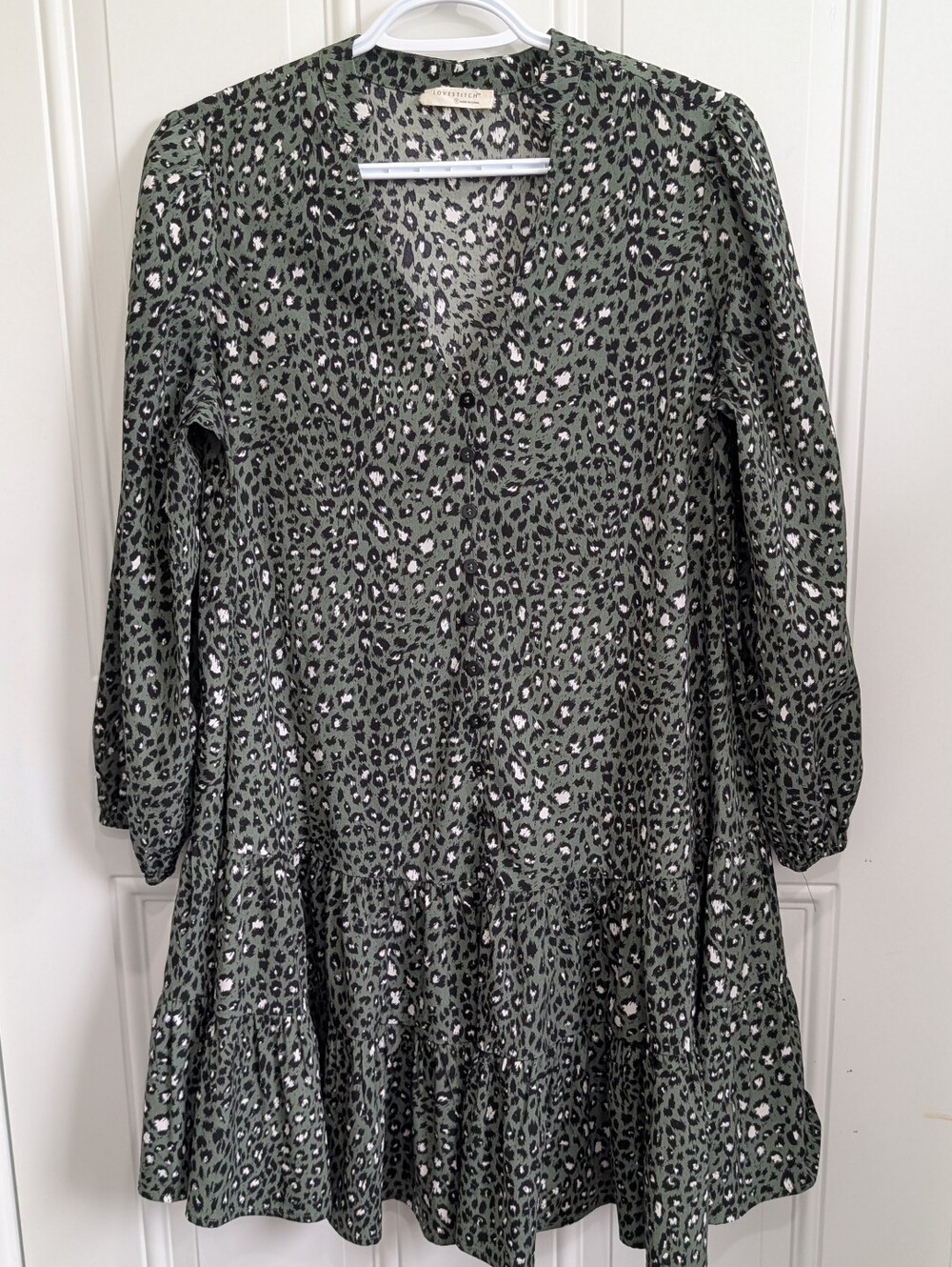 Lovestitch Sage Green Leopard Print Tiered Boho Tunic Dress